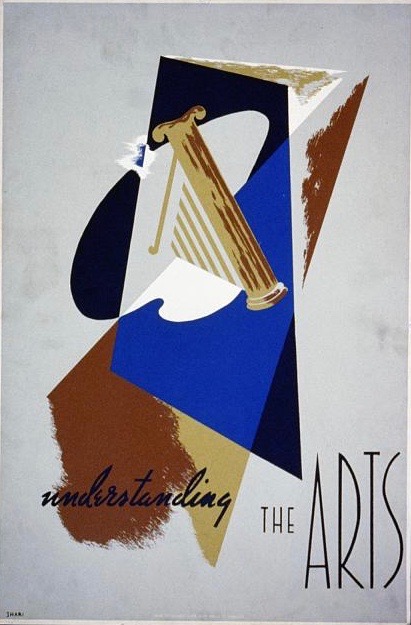 illustrational poster with abstract shapes colored shades of blue and brown