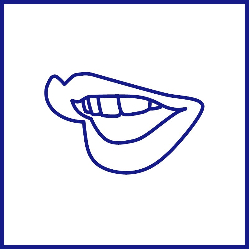 Side perspective of an illustrated blue outlined mouth in mid speech against a white background within a blue border.