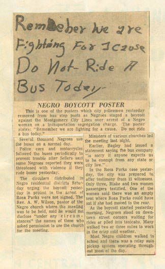 A poster encouraging black residents of Montgomery to boycott the city's buses. Photo courtesy: Alabama Department of Archives and History