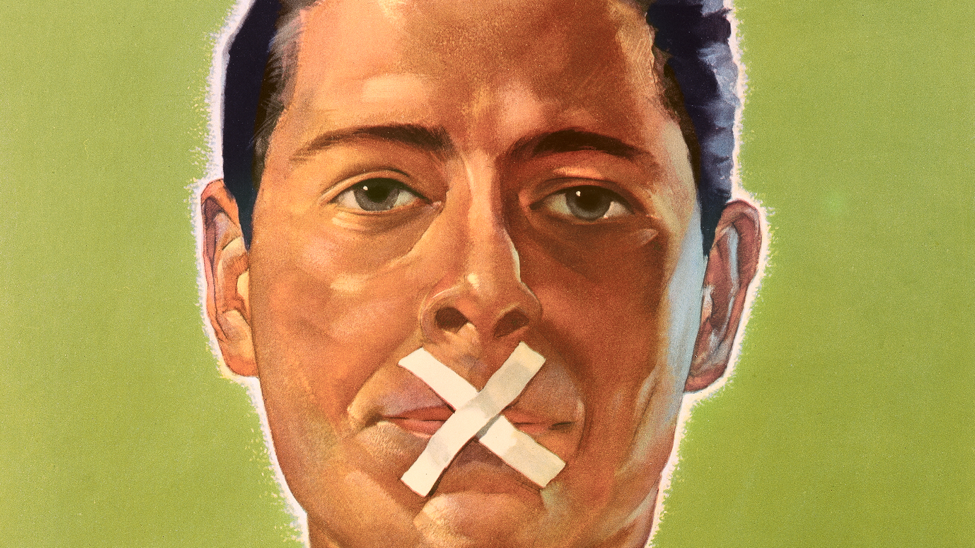 A lithographic poster of a man's face with an X across his lips.