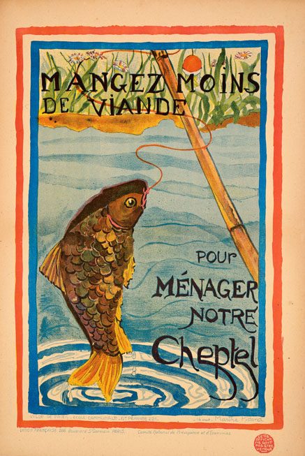 A lithographic poster of a fishing pole catching a fish just out of the water.