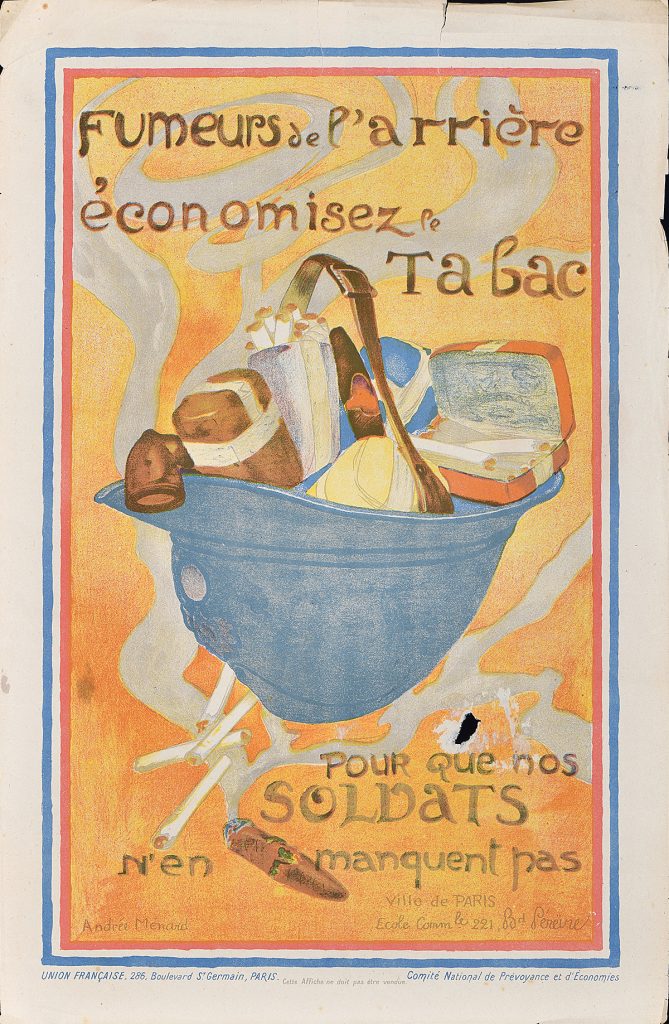 A lithographic poster of food in a basket shaped like a soldier's hat.
