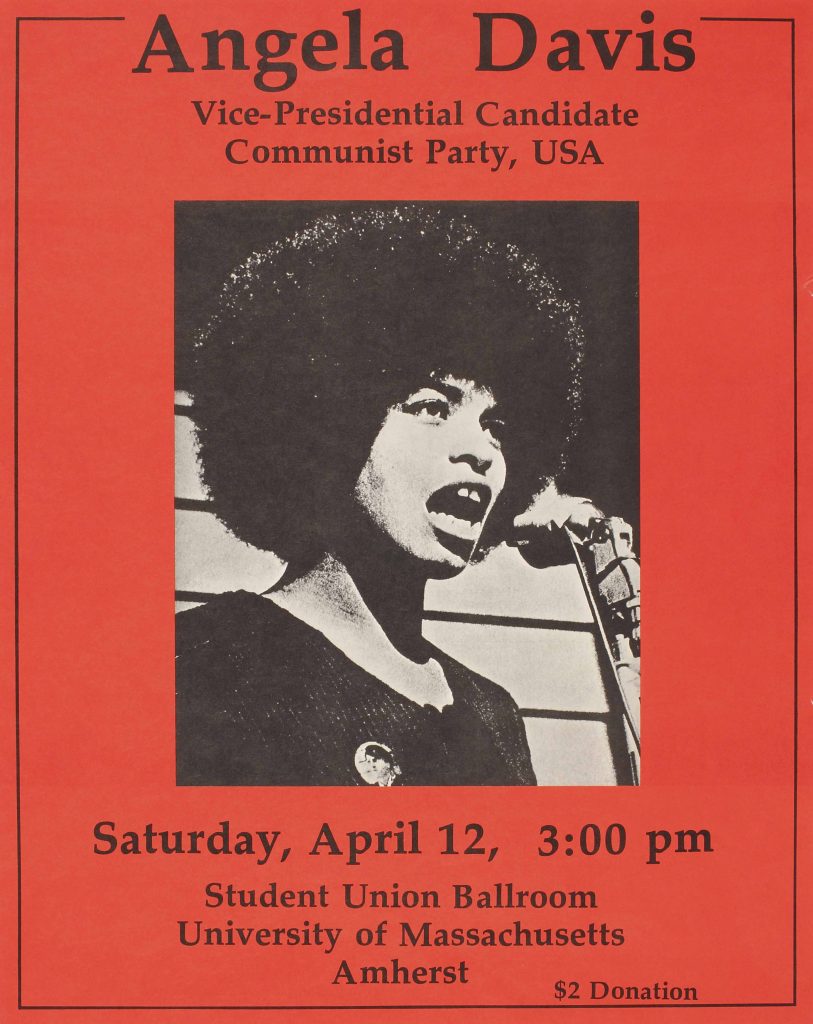 photo offset poster of Angela Davis speaking, her mouth open as she talks into a microphone