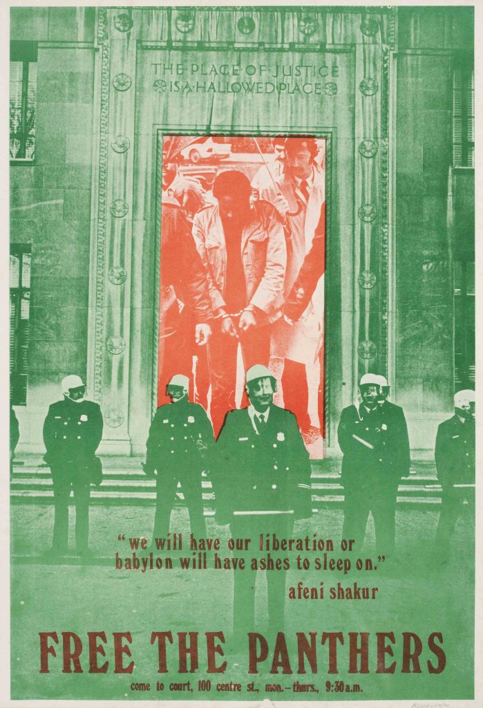 photo offset poster of the entrance to a federal building guarded by the police, images of men being dragged away in chains posted over the doorway